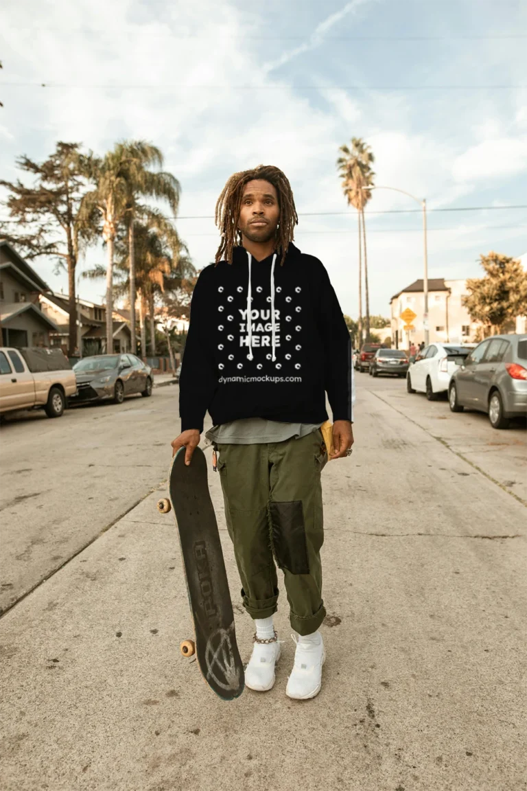 Man Wearing Black Hoodie Mockup Front View Template