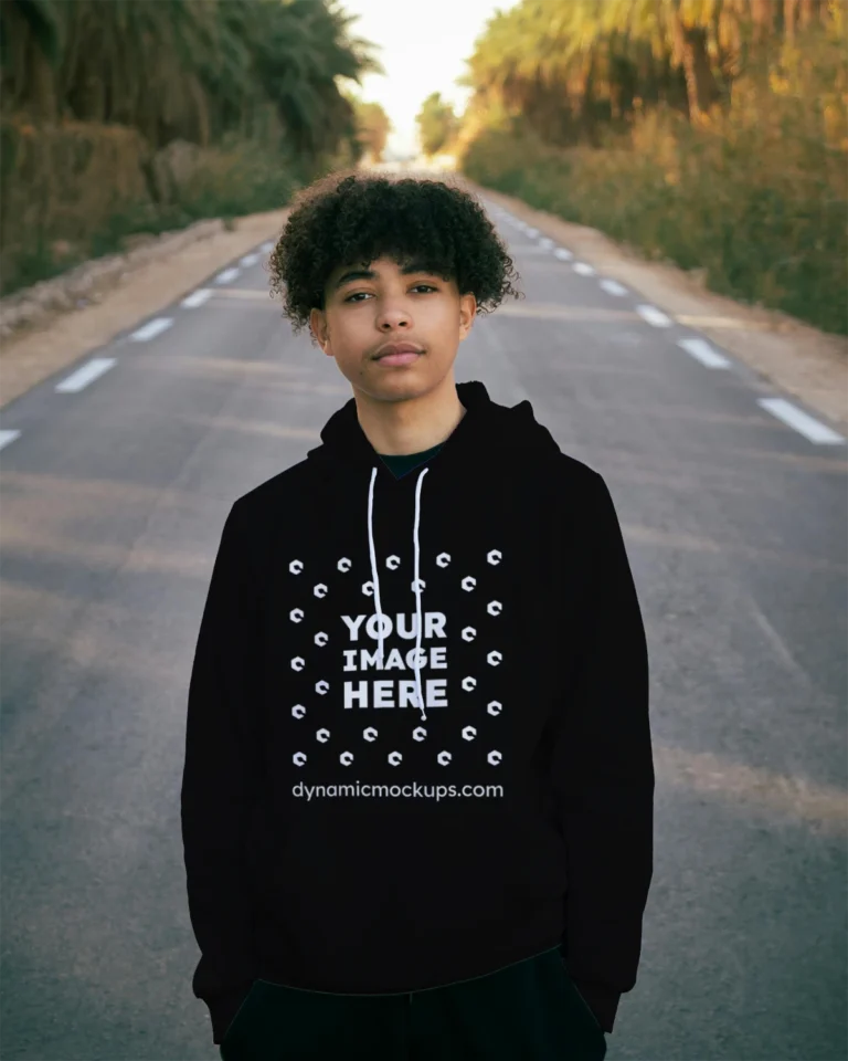 Man Wearing Black Hoodie Mockup Front View Template