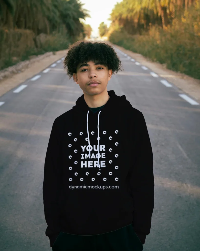 Man Wearing Black Hoodie Mockup Front View Template