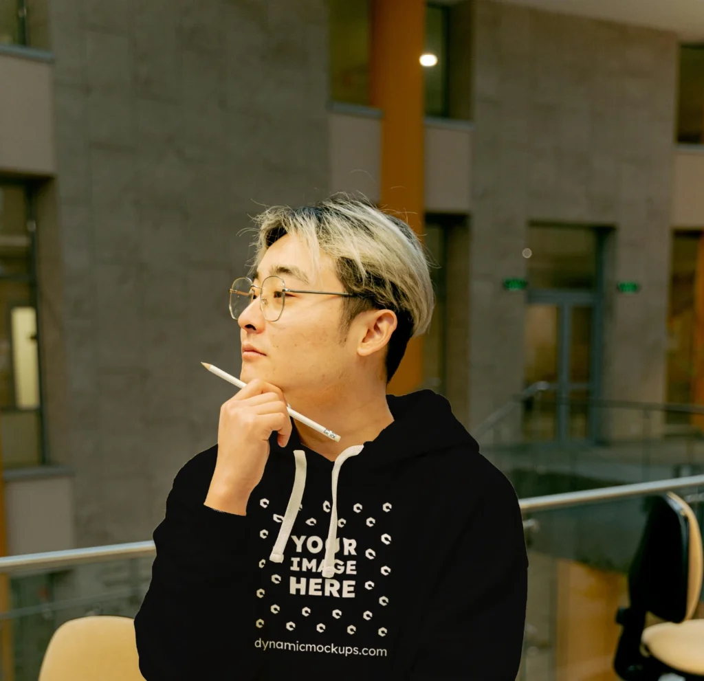 Man Wearing Black Hoodie Mockup Front View Template