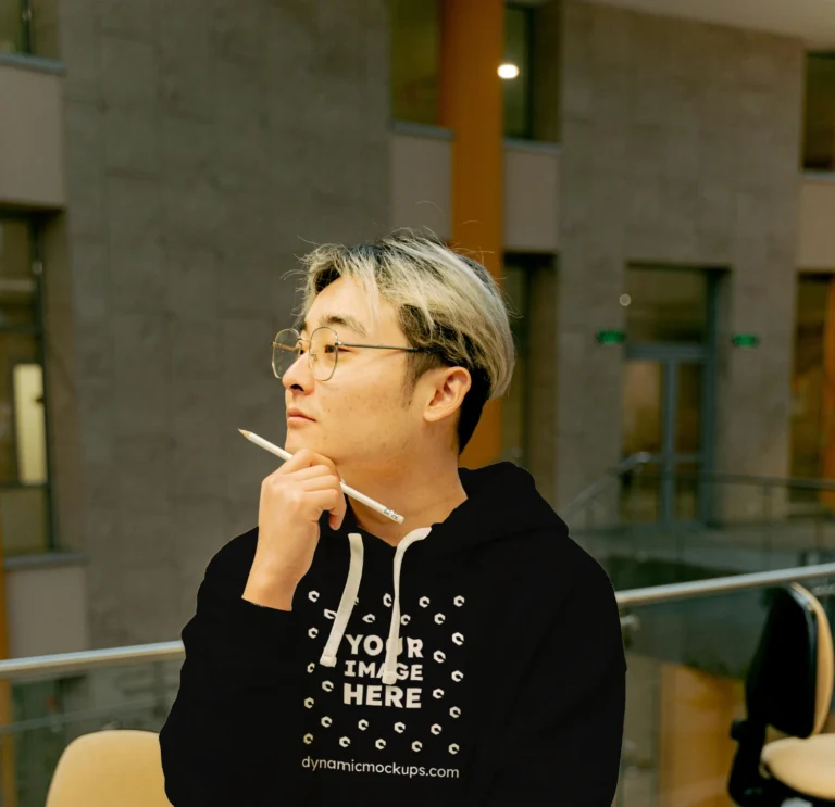 Man Wearing Black Hoodie Mockup Front View Template