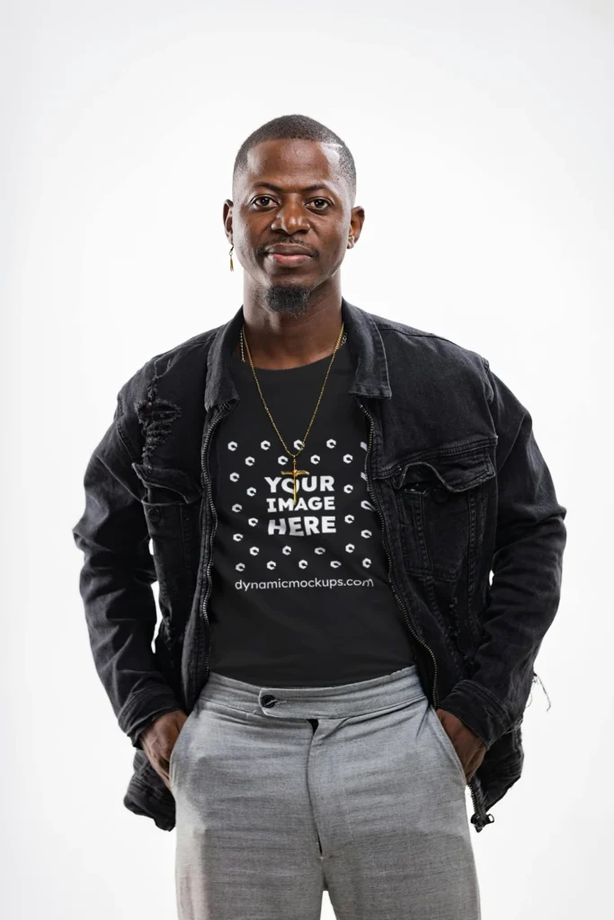 Man Wearing Black T-shirt Mockup Front View Template