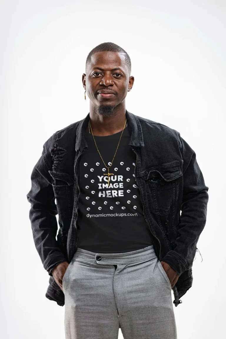 Man Wearing Black T-shirt Mockup Front View Template