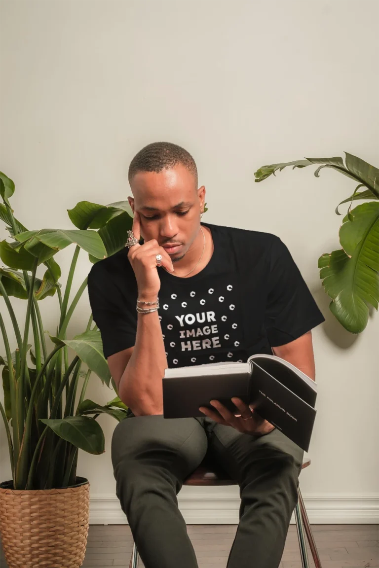 Man Wearing Black T-shirt Mockup Front View Template