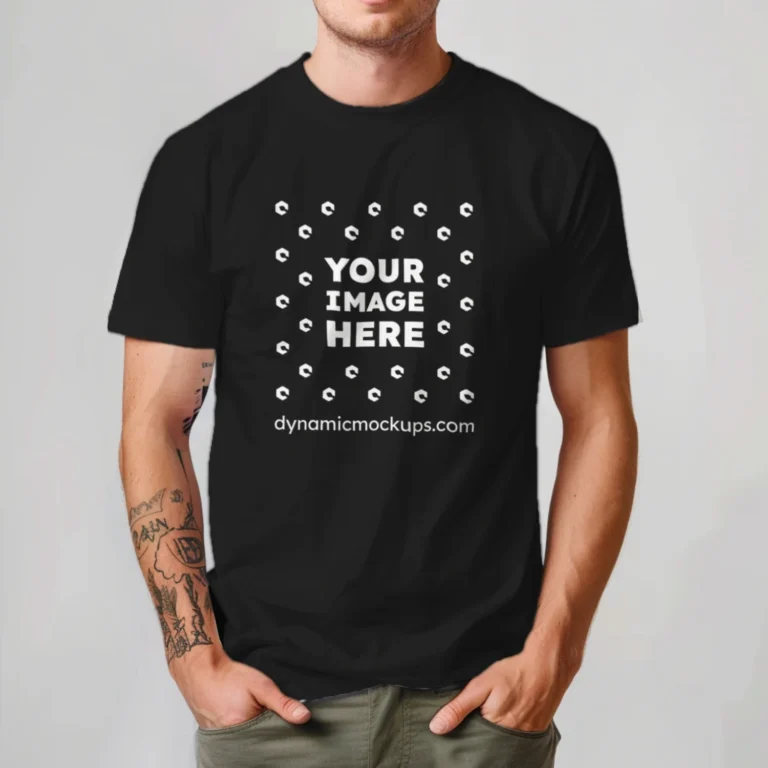 Man Wearing Black T-shirt Mockup Front View Template