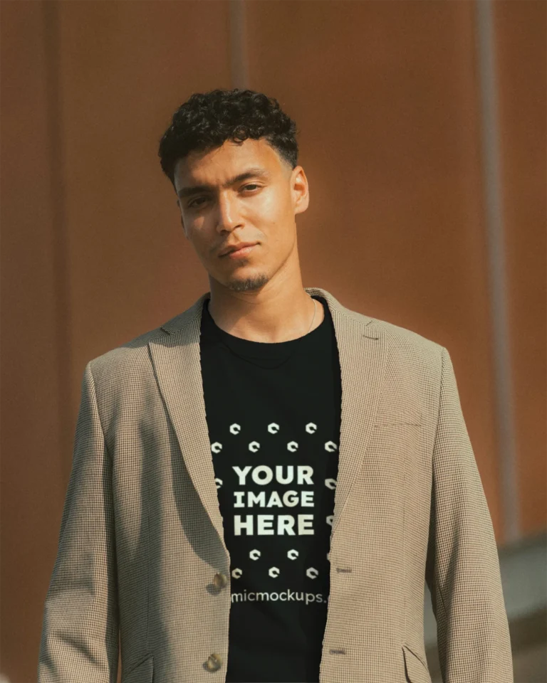 Man Wearing Black T-shirt Mockup Front View Template