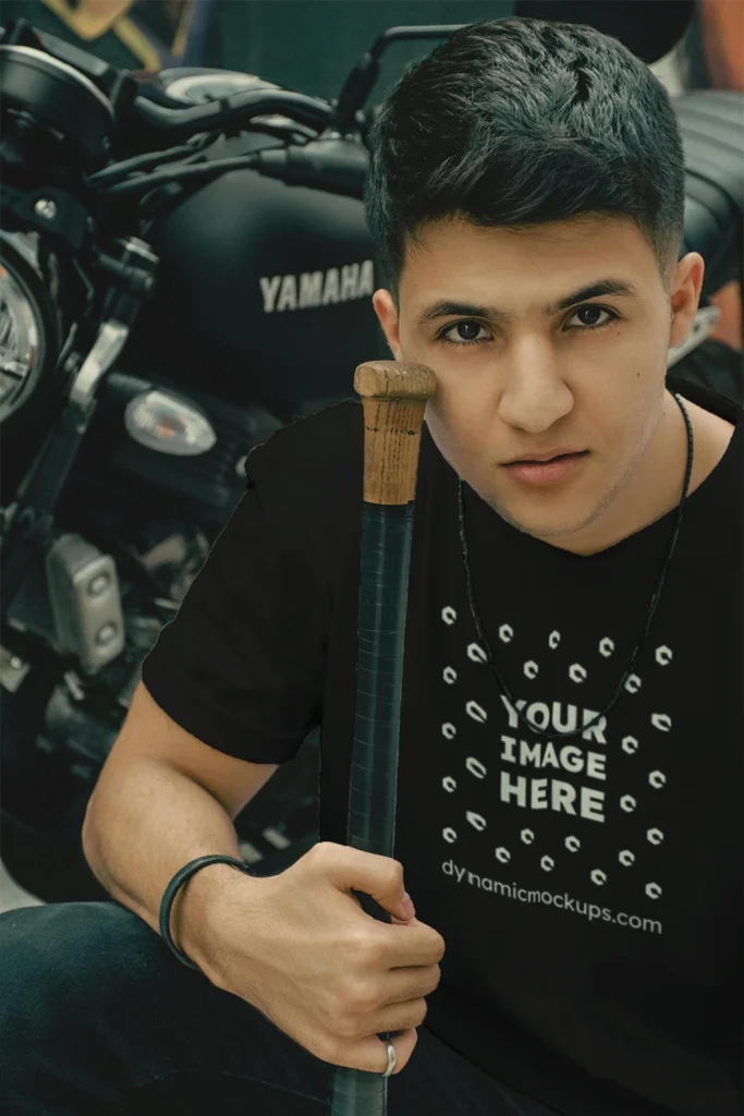 Man Wearing Black T-shirt Mockup Front View Template
