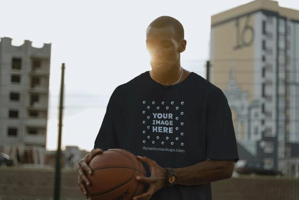 Man Wearing Black T-shirt Mockup Front View Template