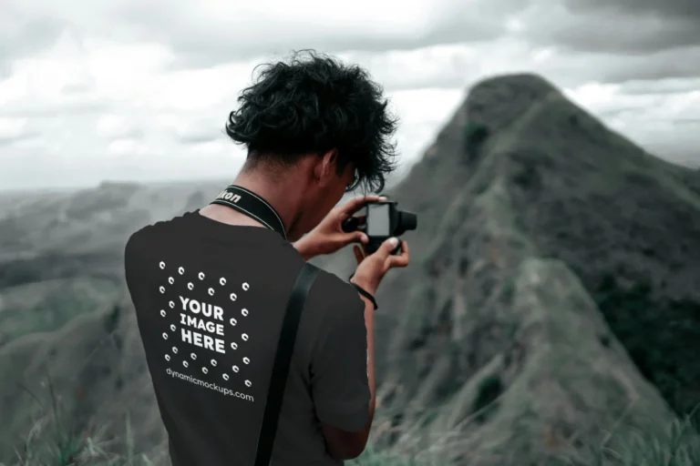 Man Wearing Black T-shirt Mockup Back View Template