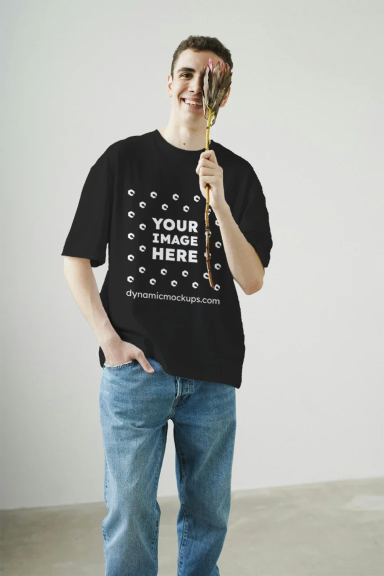Man Wearing Black T-shirt Mockup Front View Template