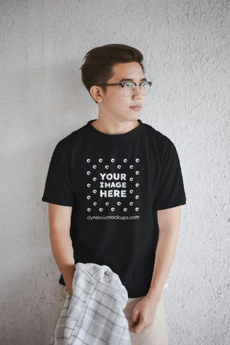Man Wearing Black T-shirt Mockup Front View Template