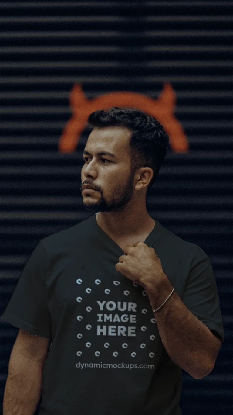 Man Wearing Black T-shirt Mockup Front View Template