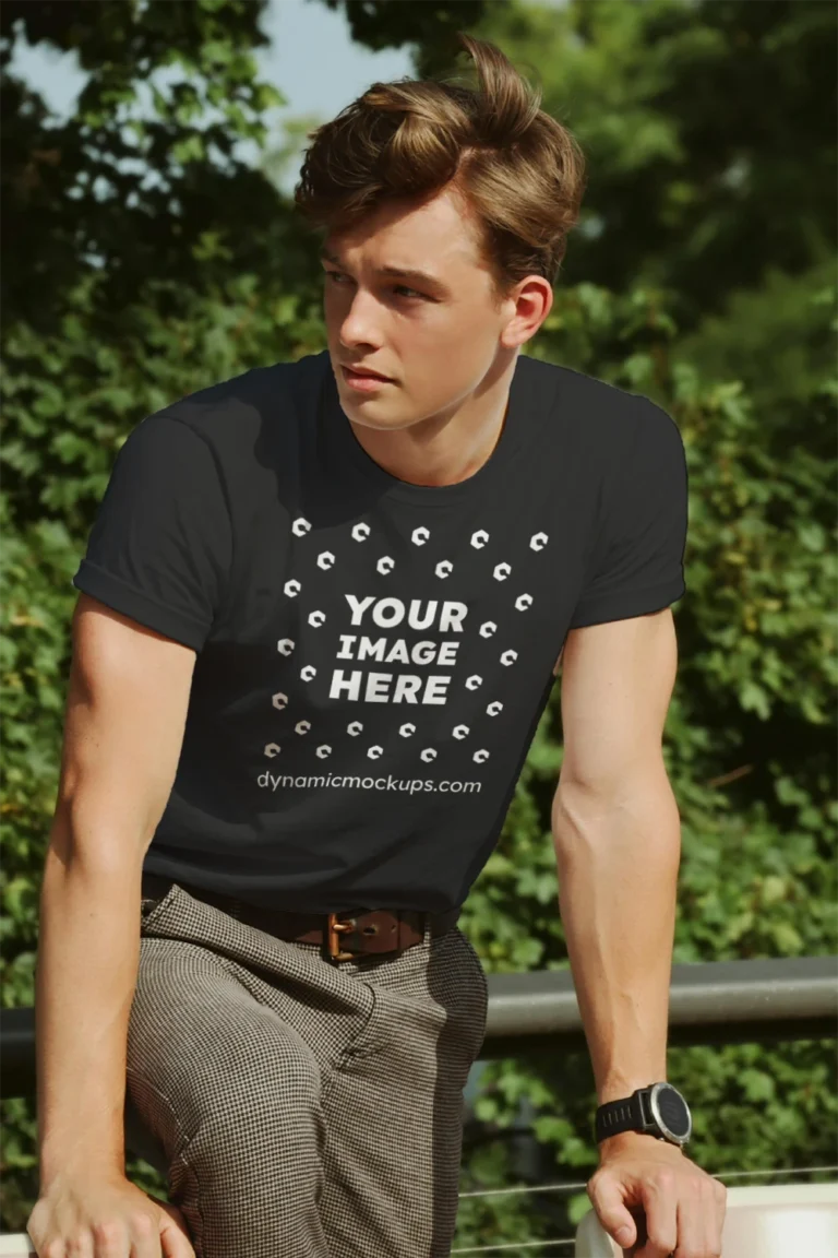 Man Wearing Black T-shirt Mockup Front View Template