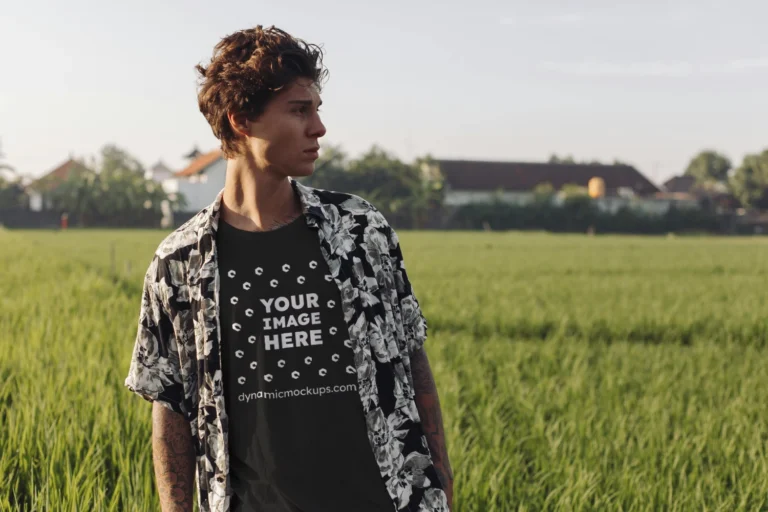 Man Wearing Black T-shirt Mockup Front View Template