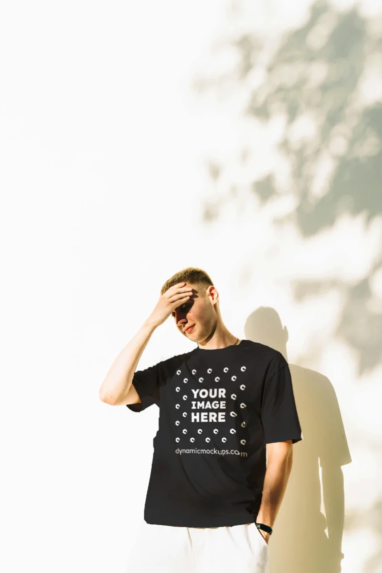 Man Wearing Black T-shirt Mockup Front View Template