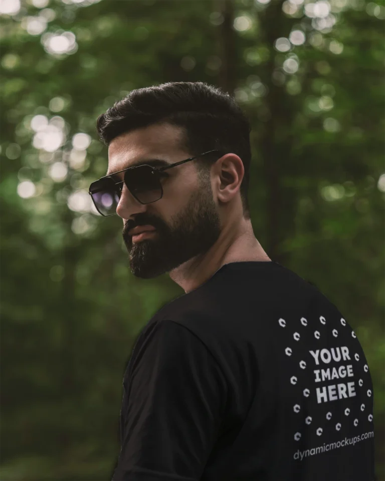 Man Wearing Black T-shirt Mockup Back View Template