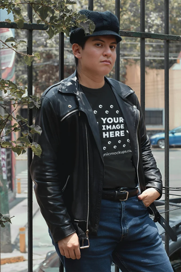Man Wearing Black T-shirt Mockup Front View Template