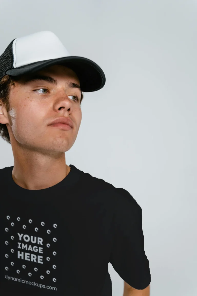 Man Wearing Black T-shirt Mockup Front View Template