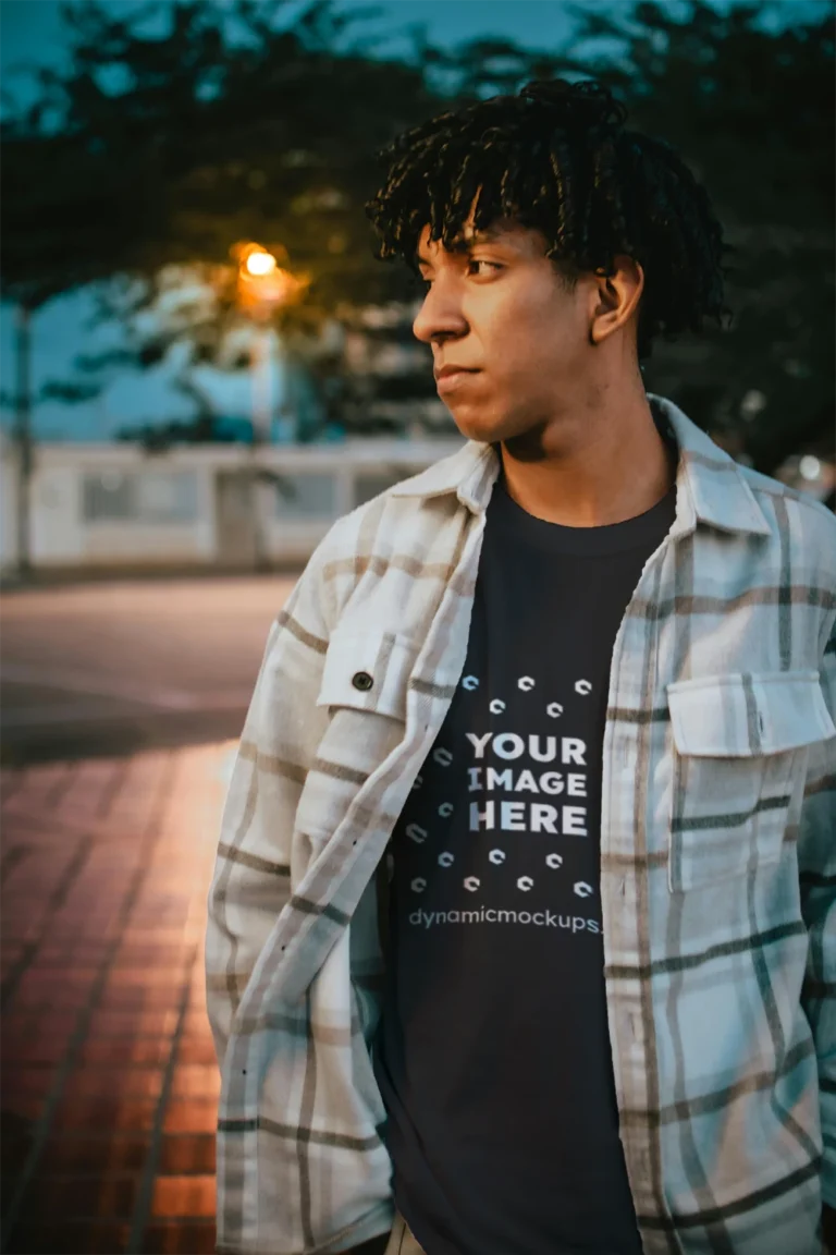 Man Wearing Black T-shirt Mockup Front View Template