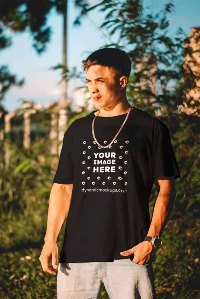 Man Wearing Black T-shirt Mockup Front View Template