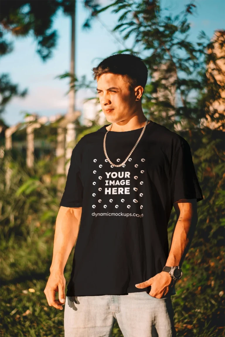 Man Wearing Black T-shirt Mockup Front View Template