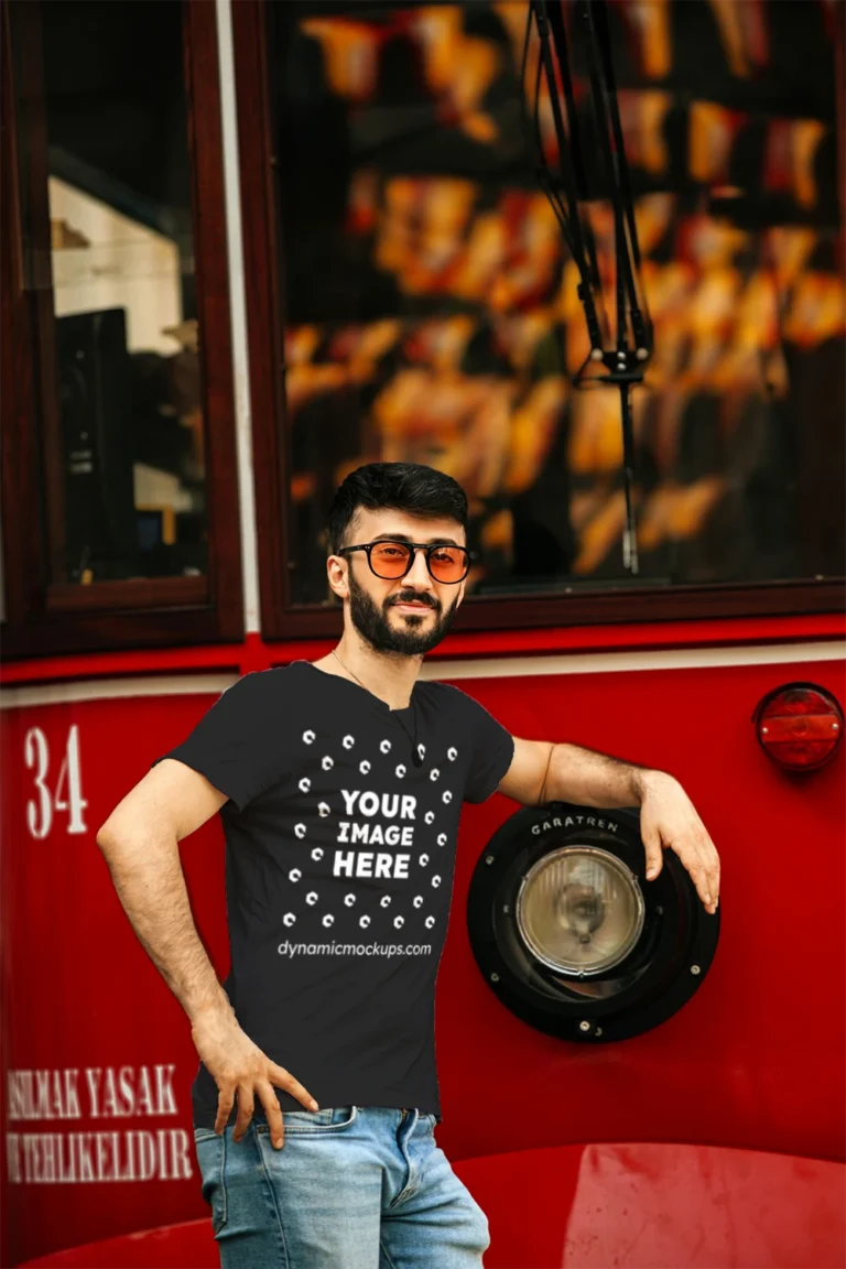 Man Wearing Black T-shirt Mockup Front View Template