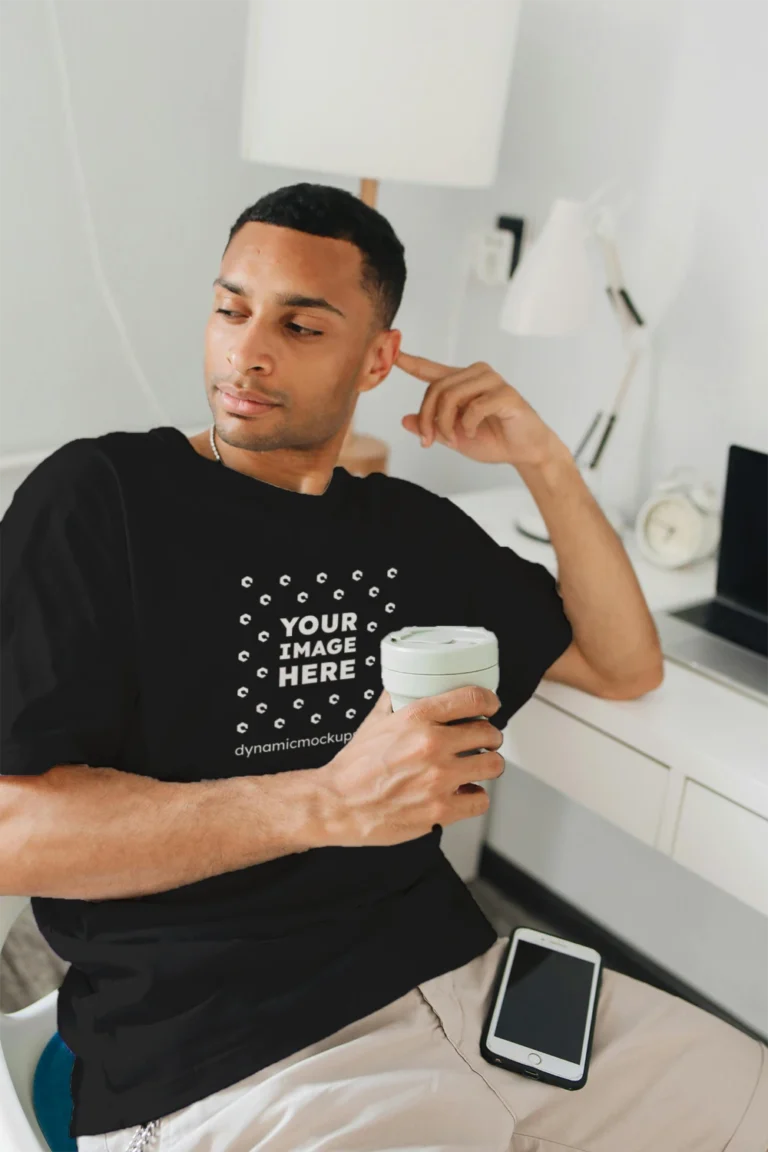 Man Wearing Black T-shirt Mockup Front View Template