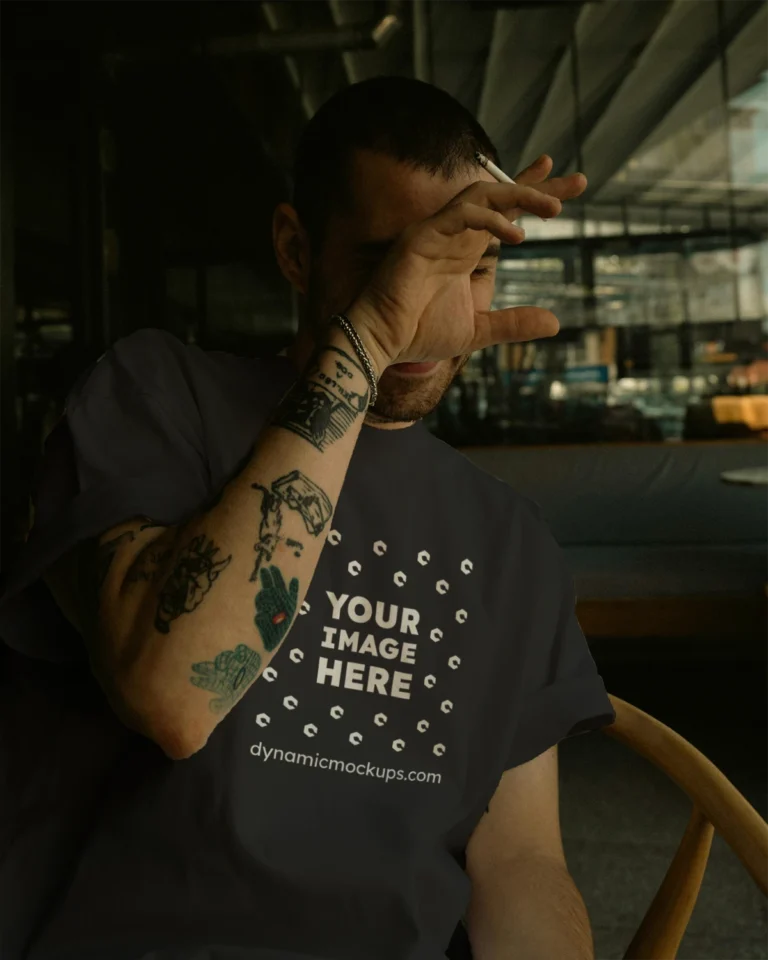 Man Wearing Black T-shirt Mockup Front View Template