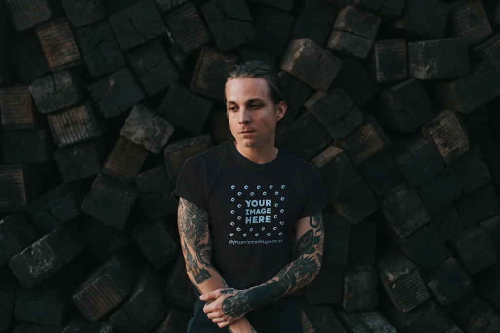 Man Wearing Black T-shirt Mockup Front View Template