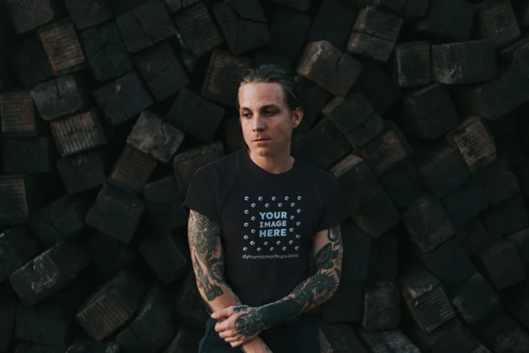 Man Wearing Black T-shirt Mockup Front View Template