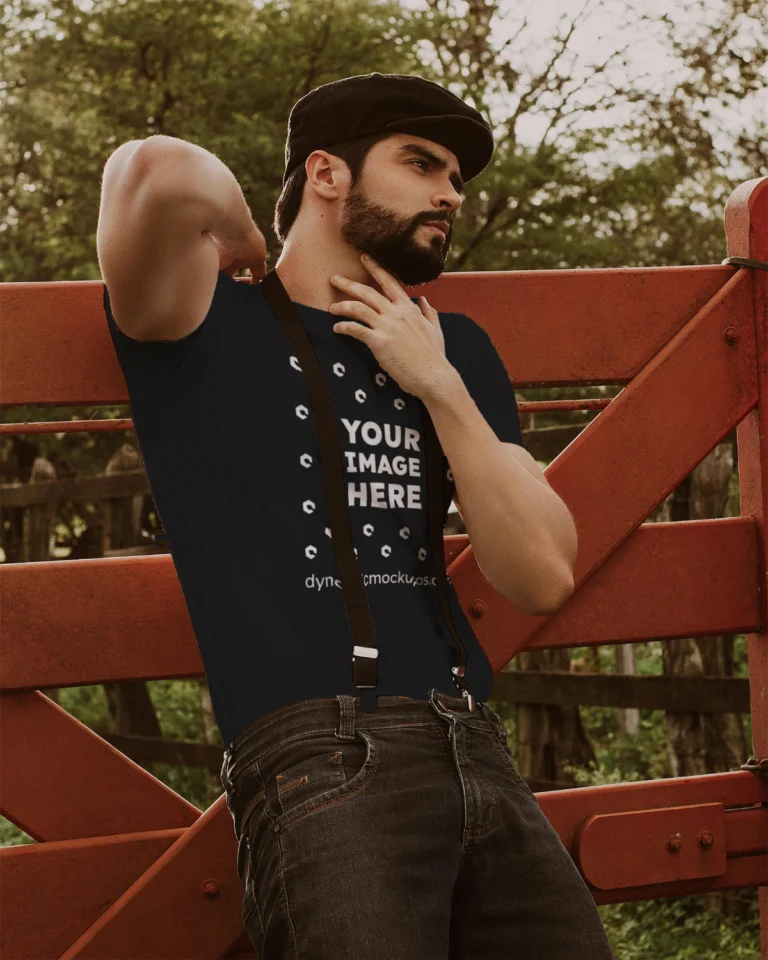 Man Wearing Black T-shirt Mockup Front View Template