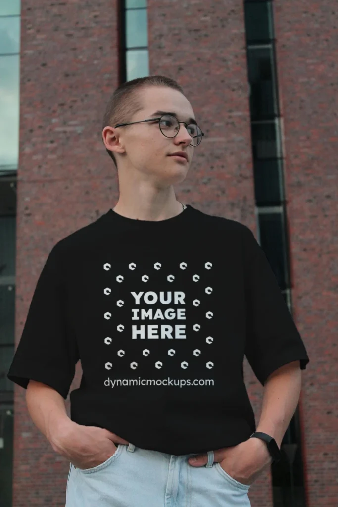 Man Wearing Black T-shirt Mockup Front View Template