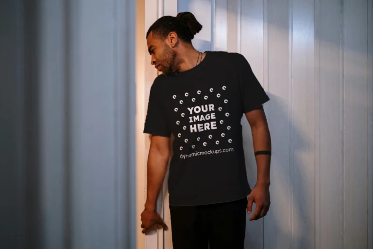Man Wearing Black T-shirt Mockup Front View Template