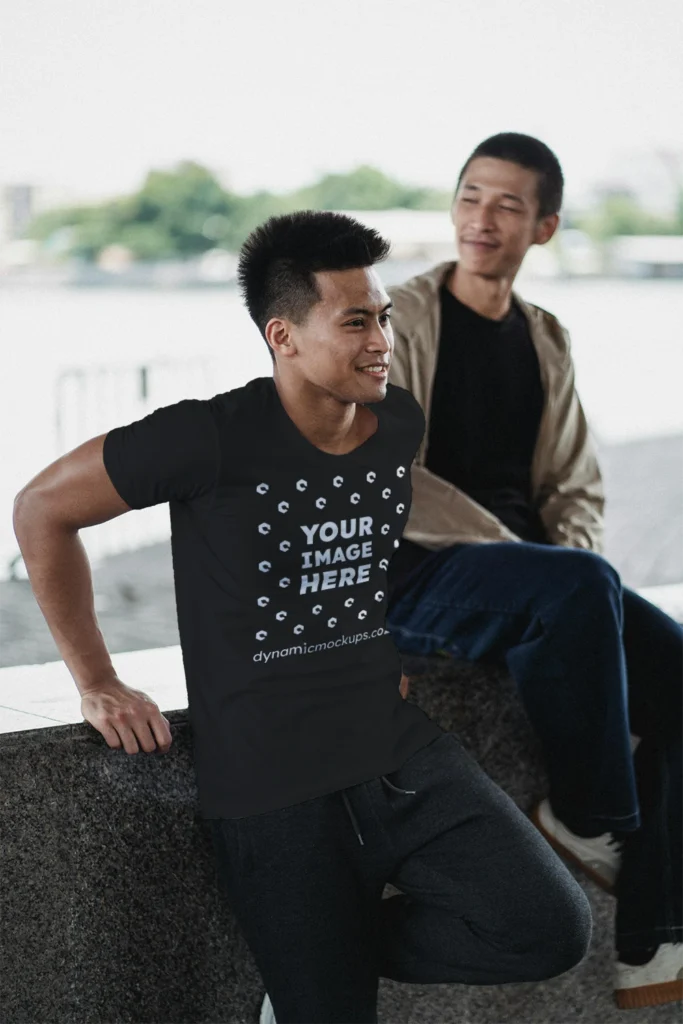 Man Wearing Black T-shirt Mockup Front View Template