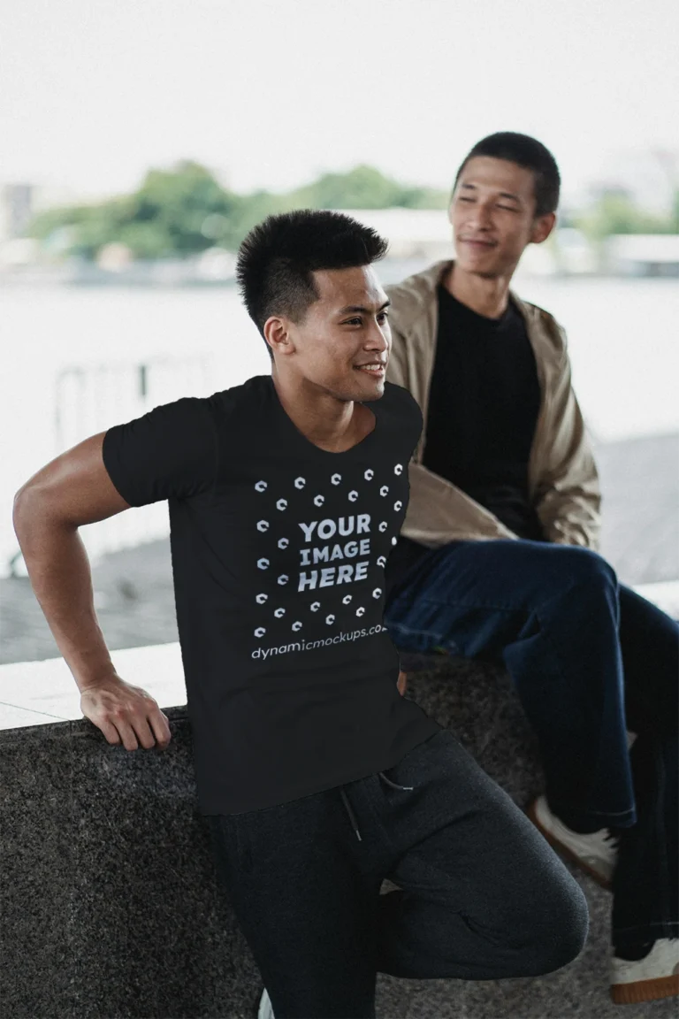 Man Wearing Black T-shirt Mockup Front View Template