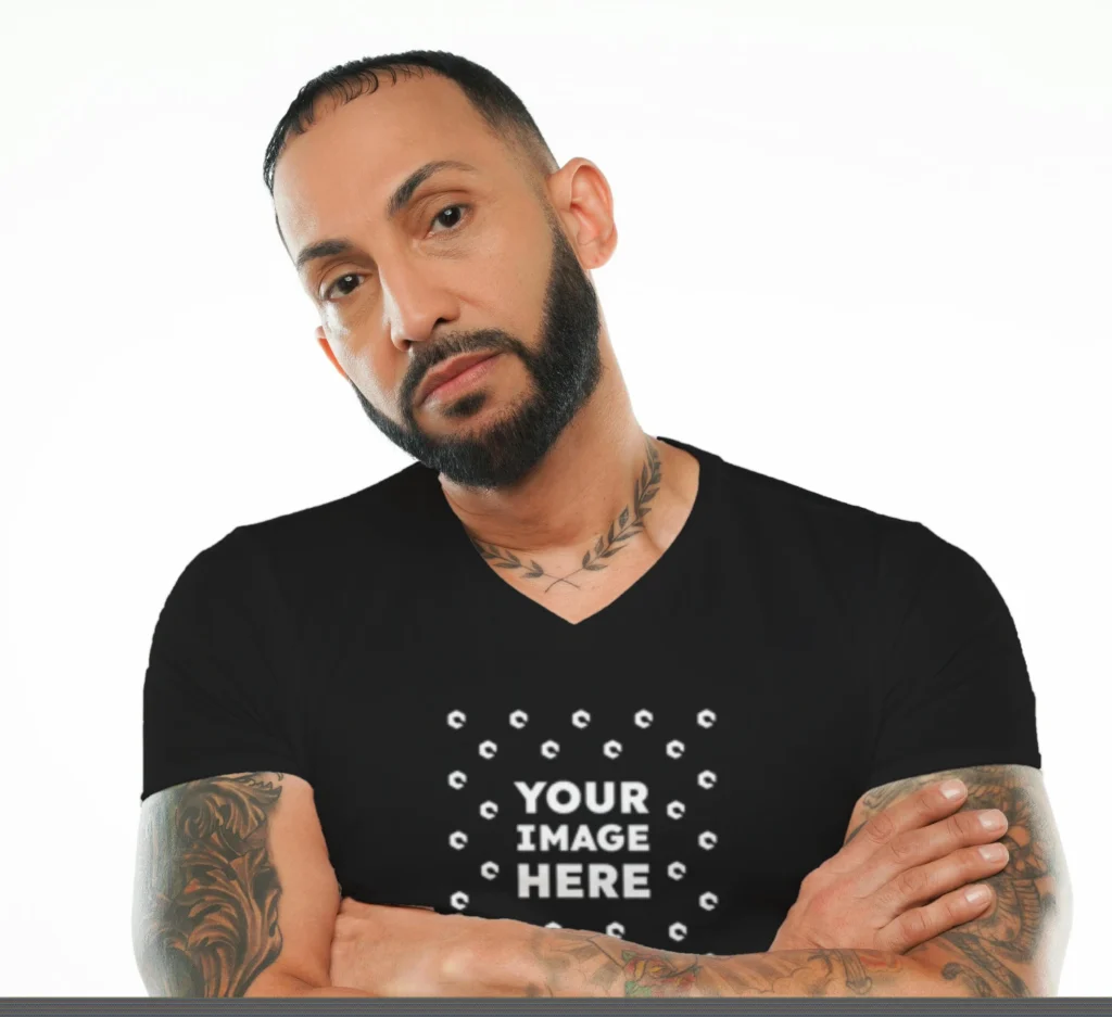 Man Wearing Black T-shirt Mockup Front View Template