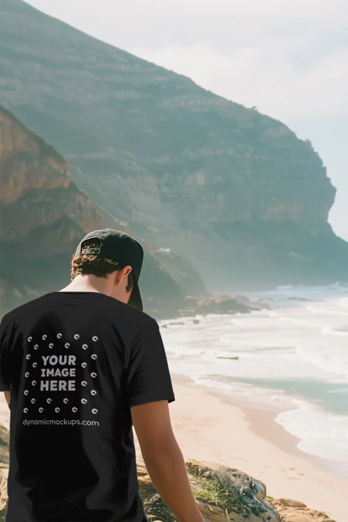 Man Wearing Black T-shirt Mockup Back View Template