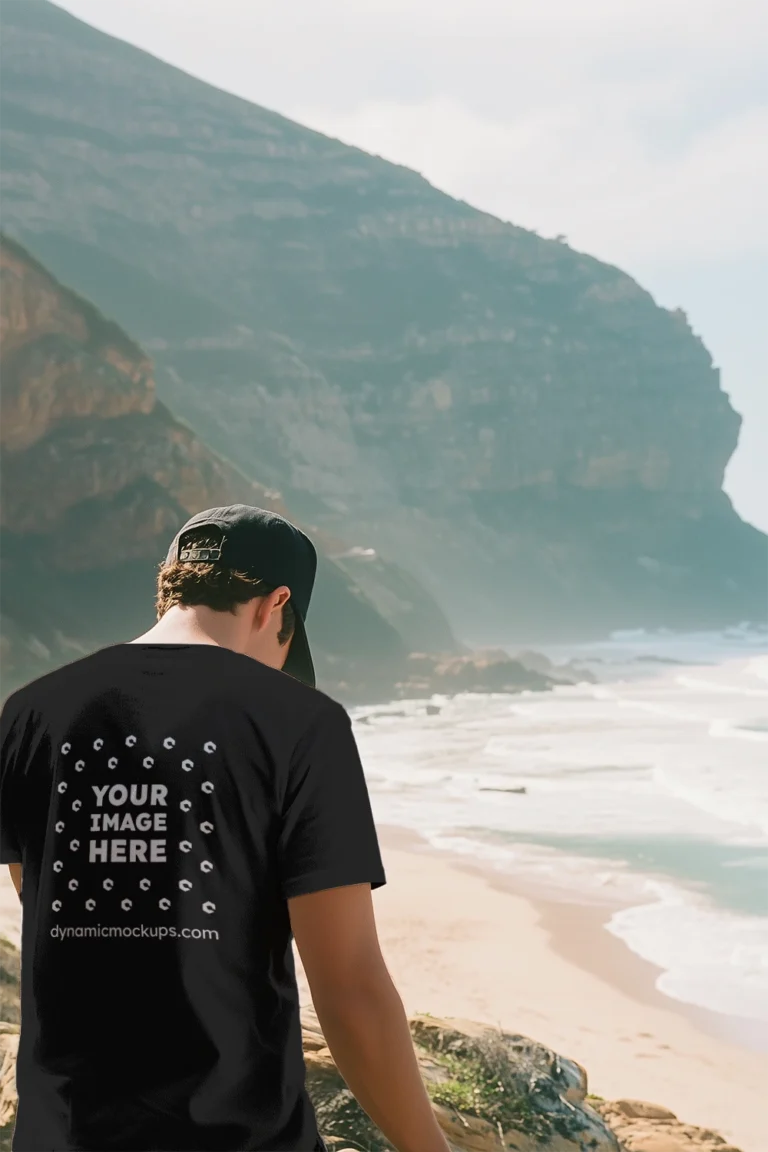 Man Wearing Black T-shirt Mockup Back View Template