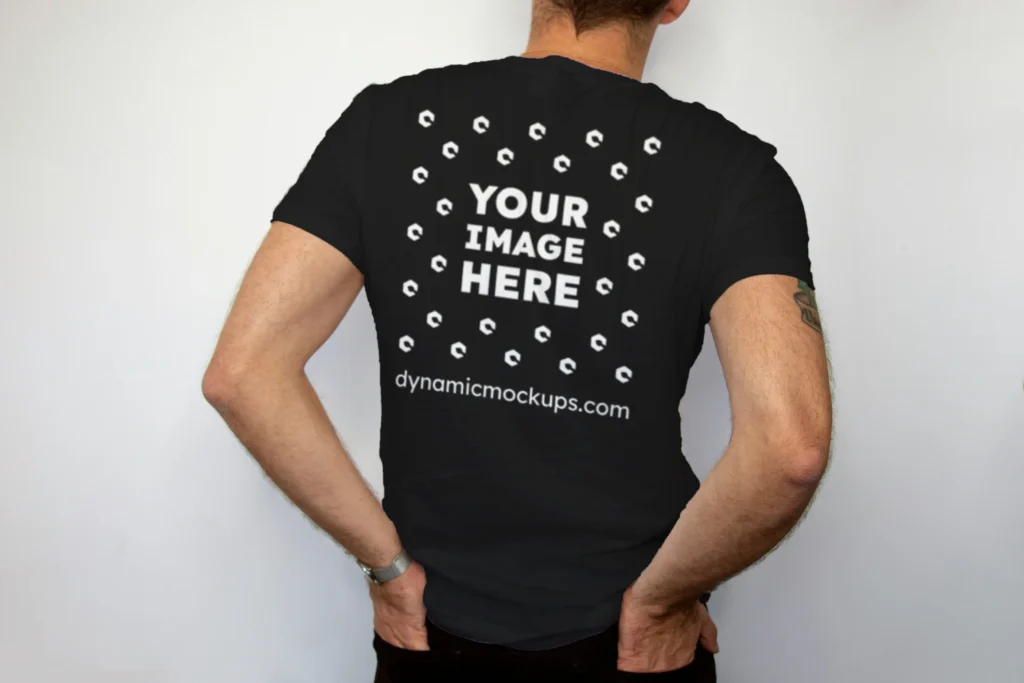 Man Wearing Black T-shirt Mockup Back View Template