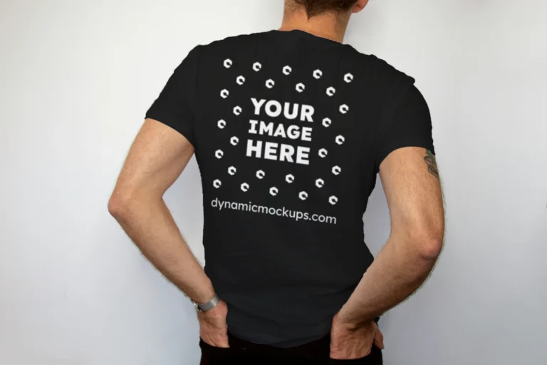 Man Wearing Black T-shirt Mockup Back View Template