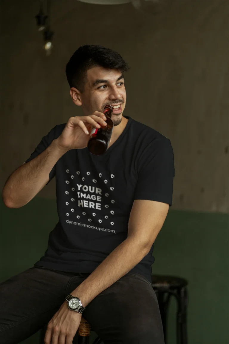 Man Wearing Black T-shirt Mockup Front View Template