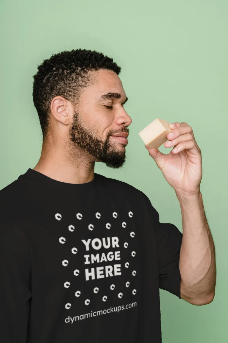 Man Wearing Black T-shirt Mockup Front View Template