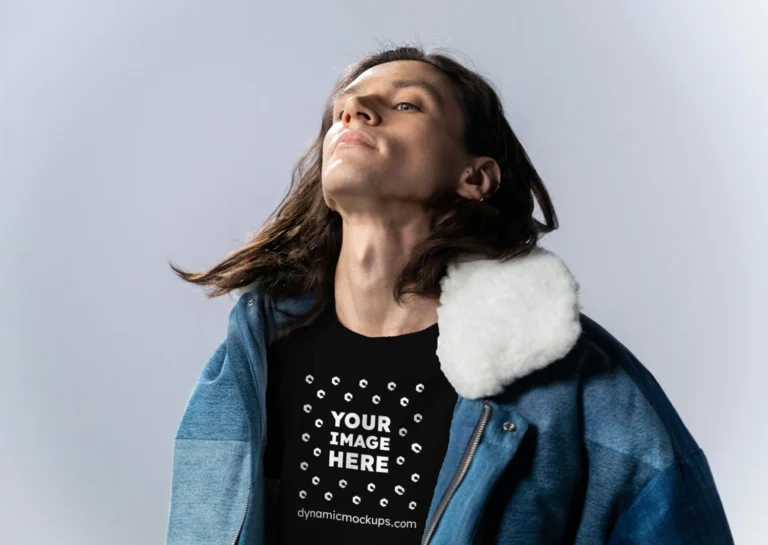 Man Wearing Black T-shirt Mockup Front View Template