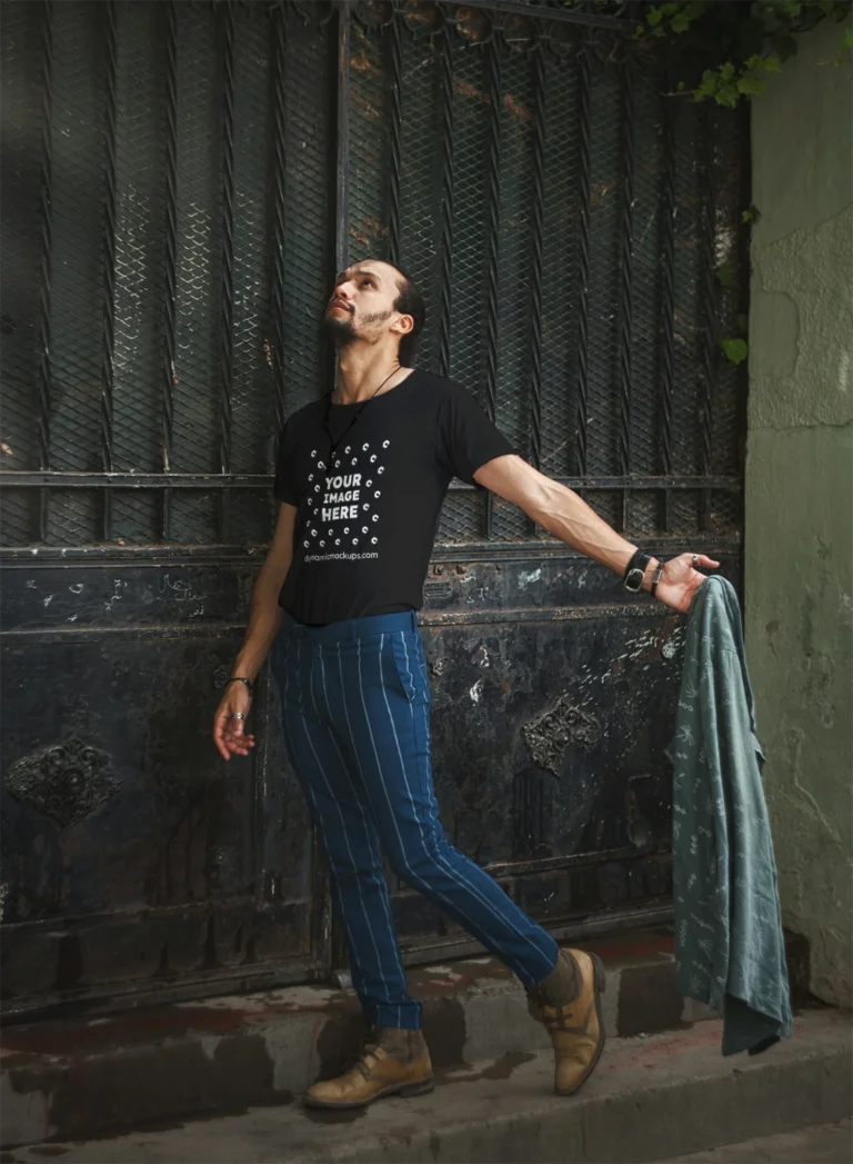 Man Wearing Black T-shirt Mockup Front View Template