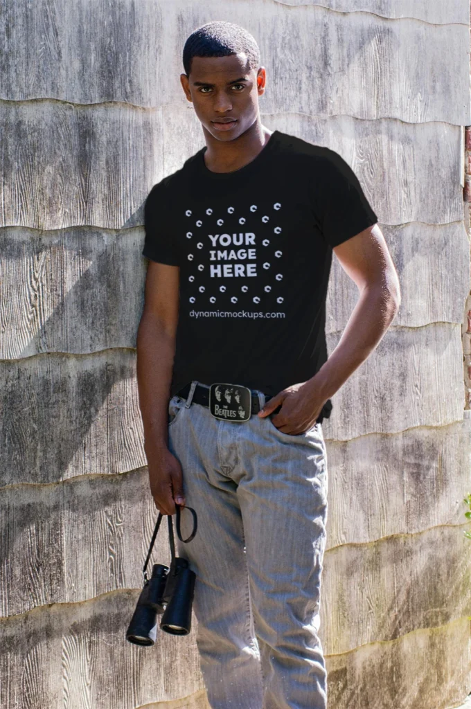 Man Wearing Black T-shirt Mockup Front View Template