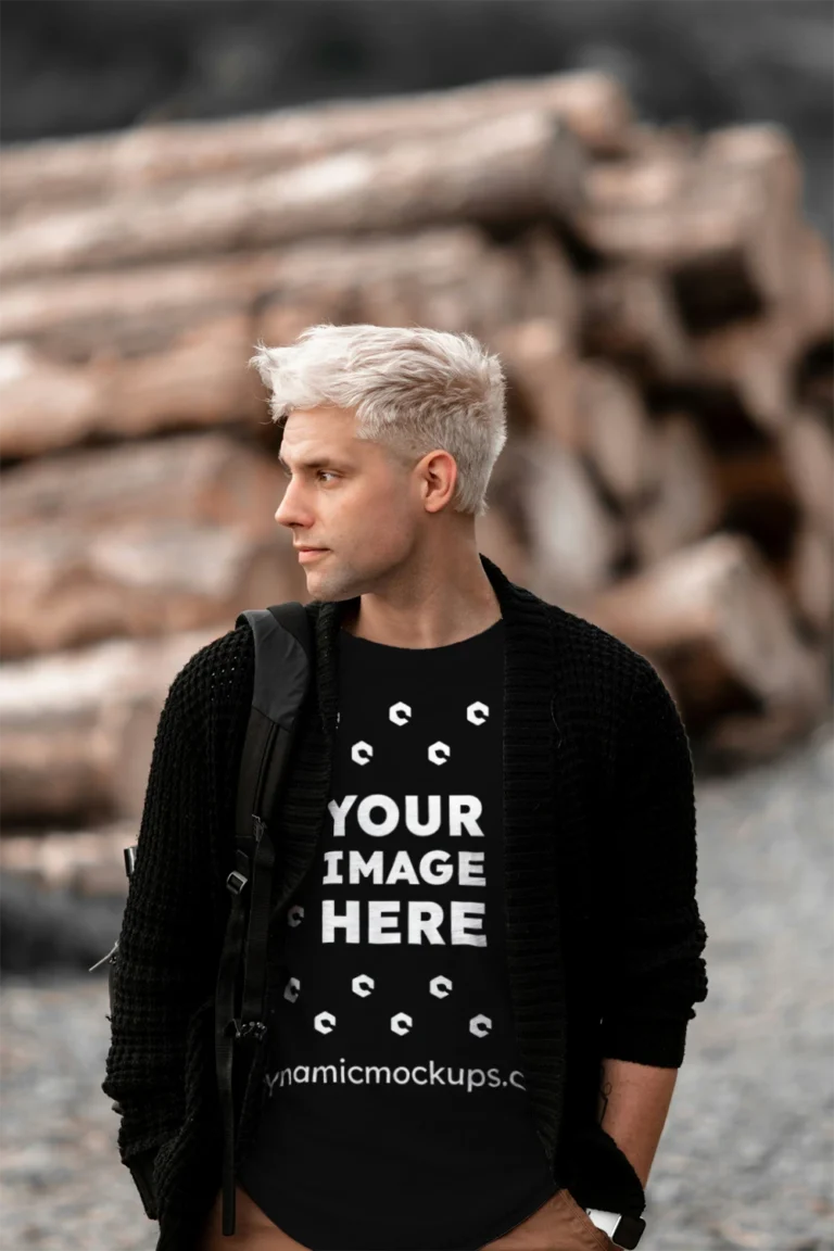 Man Wearing Black T-shirt Mockup Front View Template