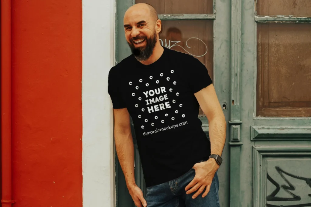 Man Wearing Black T-shirt Mockup Front View Template