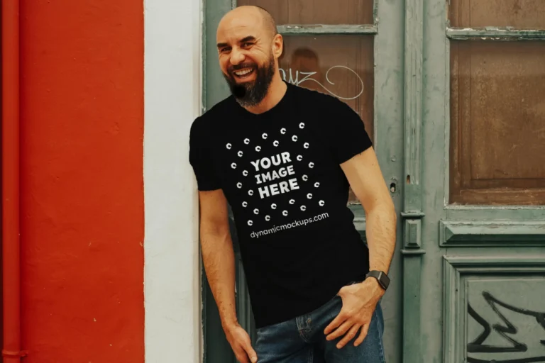 Man Wearing Black T-shirt Mockup Front View Template