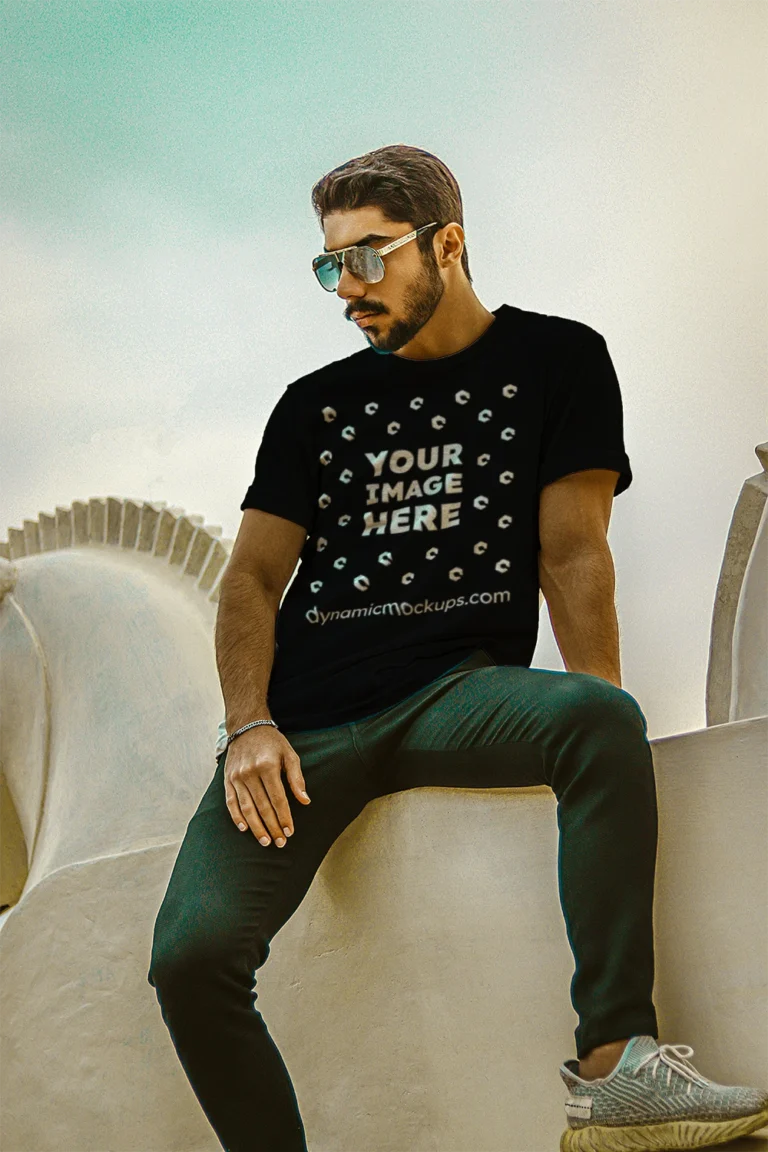 Man Wearing Black T-shirt Mockup Front View Template