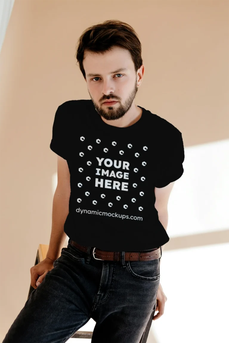 Man Wearing Black T-shirt Mockup Front View Template